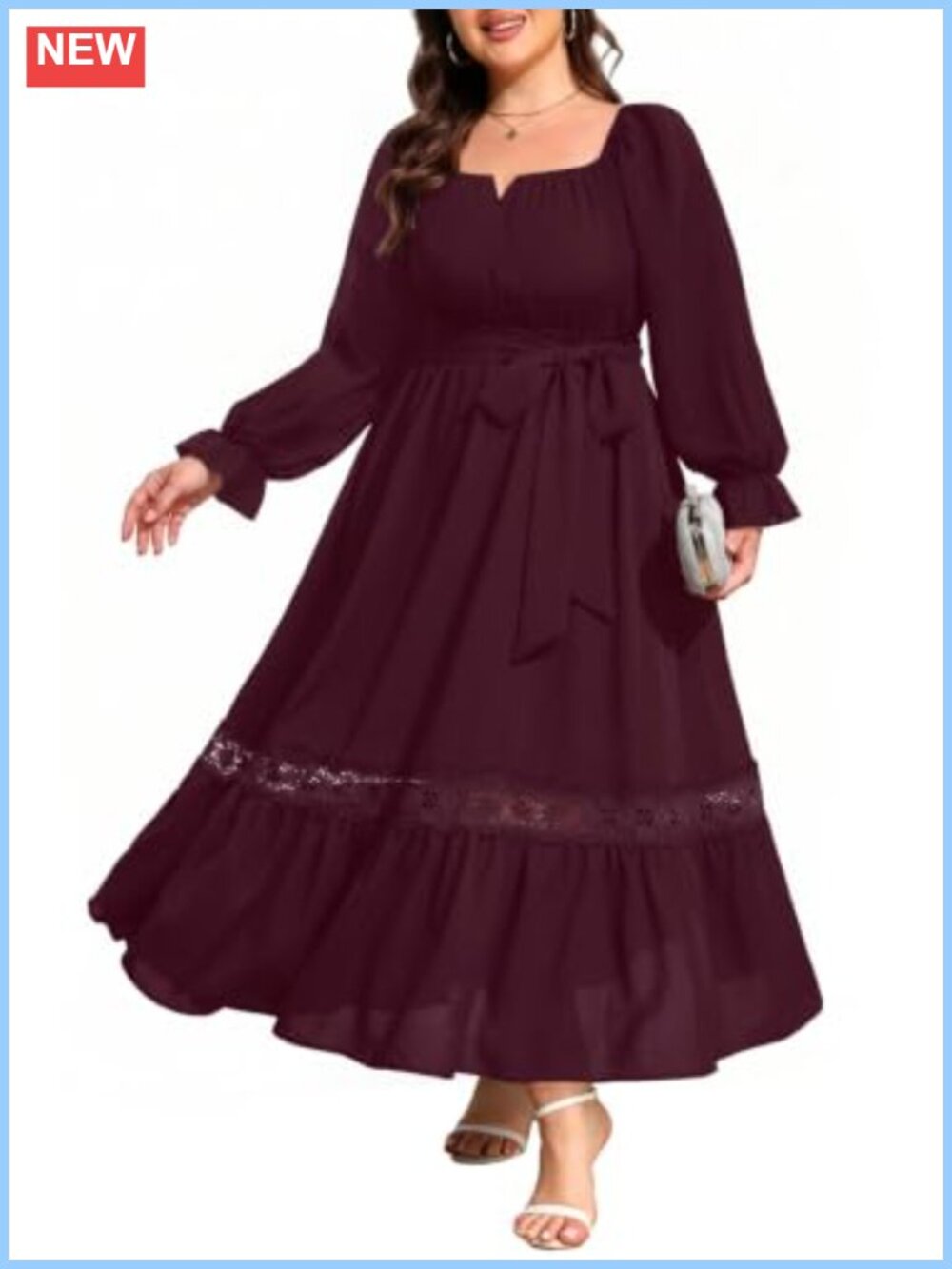 Plus Size Wedding Guest Maxi Dress Square Neck Puff Sleeve Lace Hem